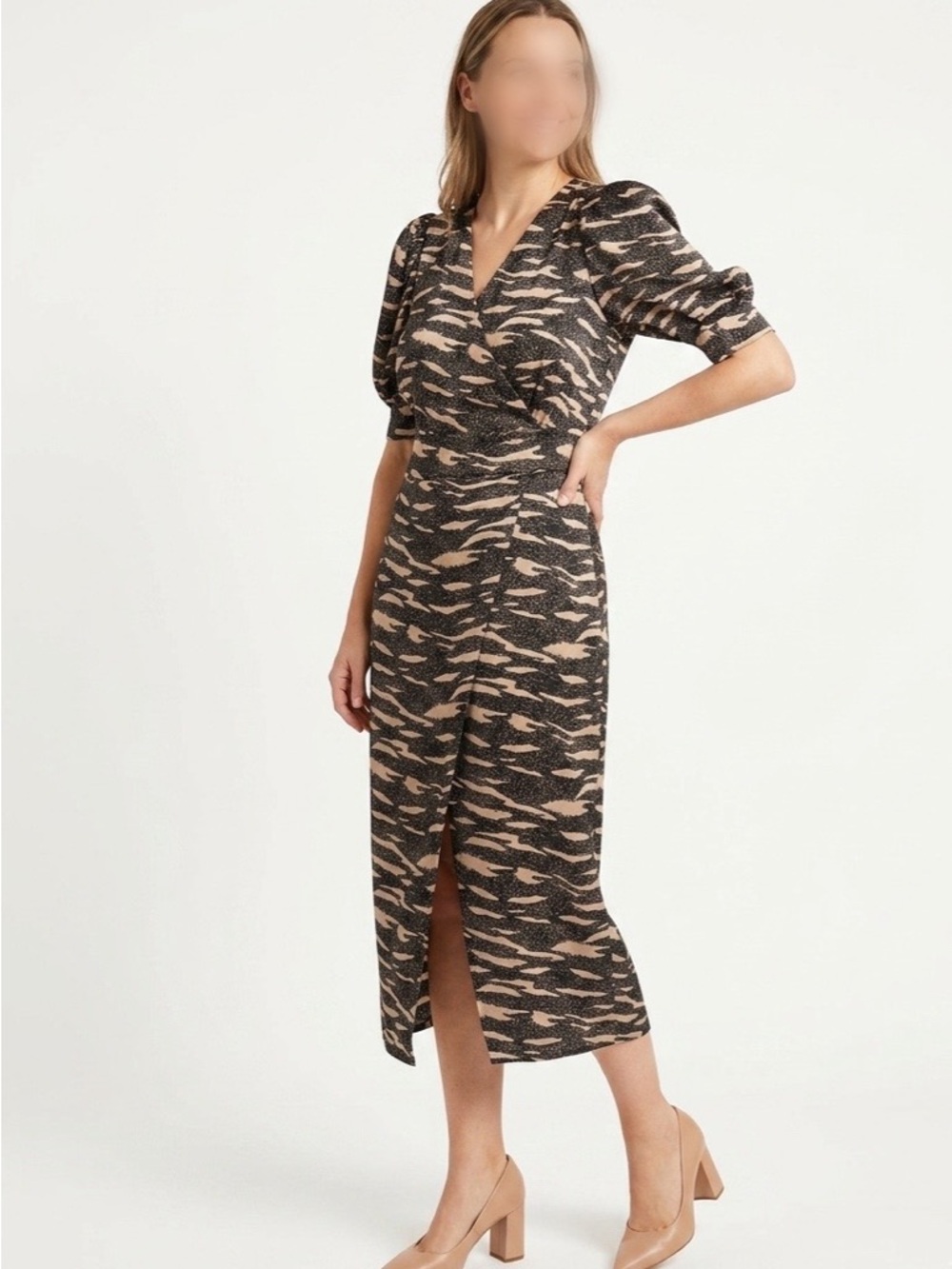 Ted Baker | Neutral Pattern Midi Dress with Puff Sleeves